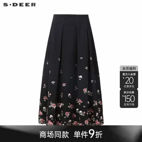 sdeer圣迪奥冬季女装清新文艺高腰压褶碎花A字伞裙S24481120图片