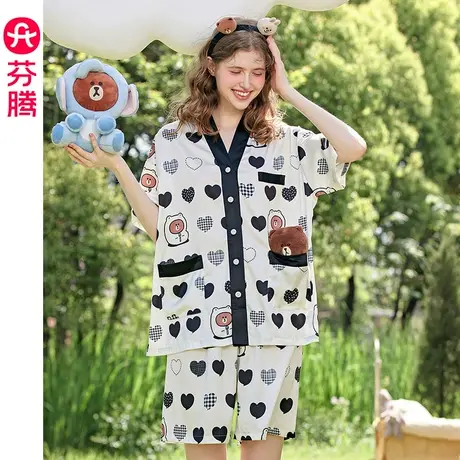 芬腾布朗熊冰丝睡衣夏季短袖高级凉感休闲V领开衫少女家居服套装图片