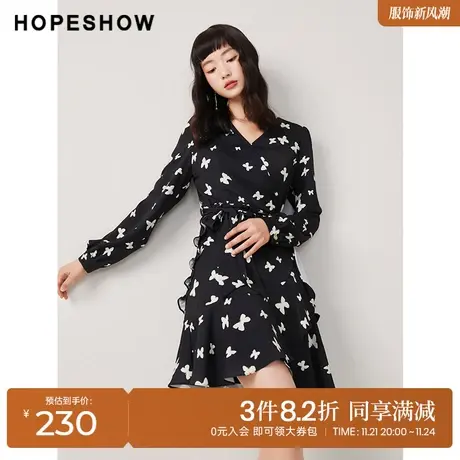 红袖outlets黑色印花裙hopeshow2023秋季新款女荷叶边系带连衣裙图片
