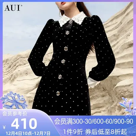 AUI黑色减龄POLO领丝绒连衣裙女2023秋冬新款气质泡泡袖收腰A字裙图片