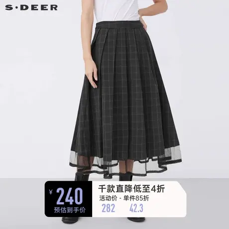 sdeer圣迪奥冬季撞色格纹网纱花边拼接A字长裙S21461106图片