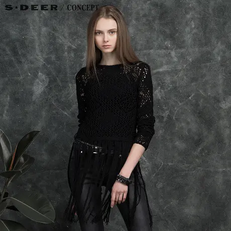 sdeer圣迪奥2018秋季女装新款镂空粗棒流苏针织衫S16183581商品大图