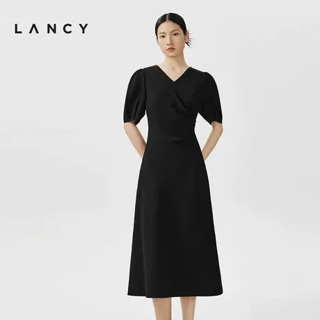 LANCY/朗姿2024春季新款泡泡袖醋酸连衣裙女设计感收腰显瘦小黑裙图片