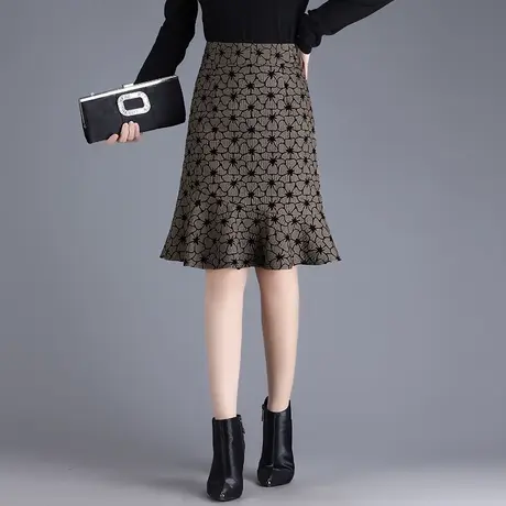 咖色提花鱼尾裙女2023年秋季新款高腰显瘦包臀裙时尚百搭修身裙子图片