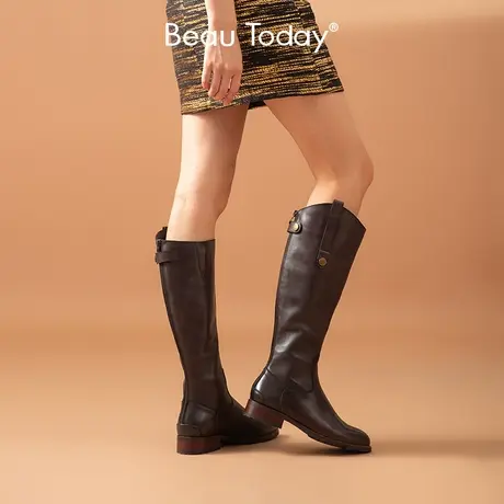 BeauToday小众瘦瘦靴真皮英伦风粗腿靴子长筒靴女骑士靴增高百搭商品大图