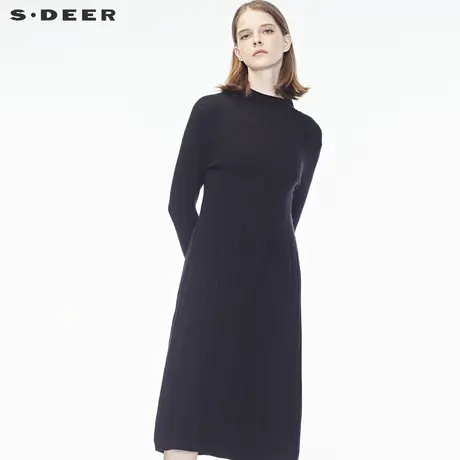 sdeer圣迪奥优雅复古斜纹肌理中高领长袖连衣裙S18363577商品大图
