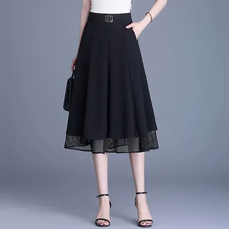 网纱边雪纺半身裙女夏季2025新款高腰遮肚显瘦a字裙中长通勤伞裙图片