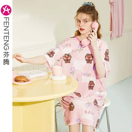 芬腾布朗熊睡裙女纯棉夏季薄款短袖中裙少女甜美风卡通可爱家居服图片