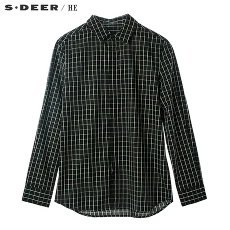 S.Deer/He圣迪奥休闲简约格纹装饰弧形下摆翻领男式衬衫H16170522图片