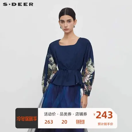 sdeer圣迪奥女装复古方领印花收腰压褶衬衫S233Z0520商品大图