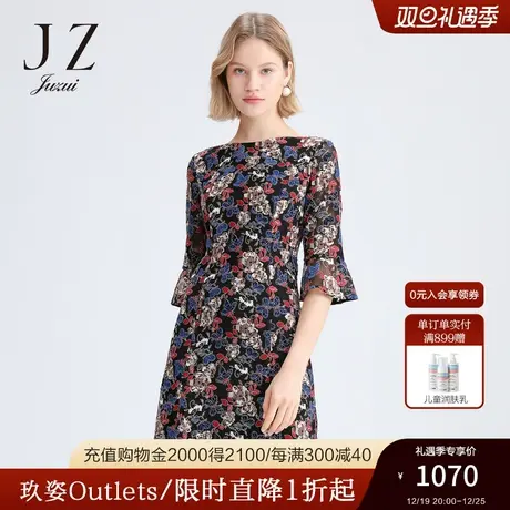 JUZUI玖姿奥莱春季新款气质重工刺绣花卉收腰修身中长女连衣裙图片