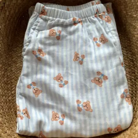 新品！A类全棉双层纱布可爱蓝条纹玩偶熊长裤家居服可外传图片