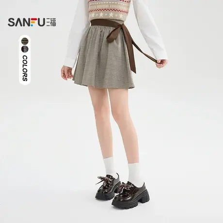 三福短裙2025冬季撞色绑带宽松甜美散摆半身裙女装508915图片