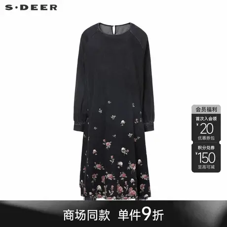 sdeer圣迪奥冬季女装圆领复古印花网纱宽松连衣裙S24481210图片