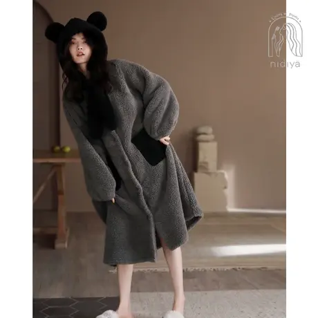 妮狄娅新款睡衣睡袍女冬季珊瑚绒长袖简约连帽围脖加厚保暖家居服图片
