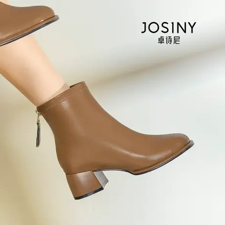 卓诗尼舒适时装靴2023年秋冬款软皮简约后拉链女士女靴法式小短靴图片