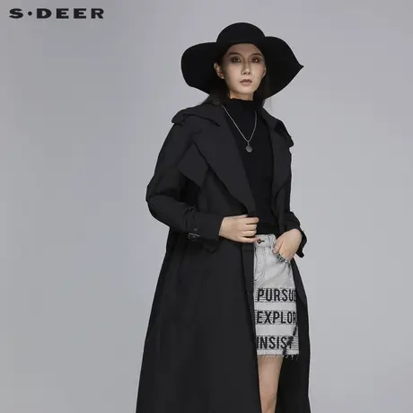 sdeer圣迪奥春装修身翻领单排扣通勤长款黑色风衣外套女S20181804图片
