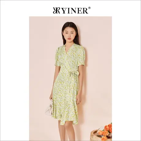 YINER音儿女装夏季V领桑蚕丝印花系带茶歇裙连衣裙图片