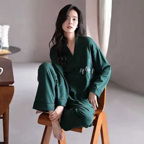 婷美高档睡衣女士秋冬季纯棉长袖v领开衫休闲大码春秋家居服套装图片