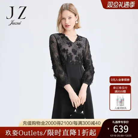 JUZUI玖姿奥莱春季新款黑色立体绣花中长款收腰女V领蕾丝连衣裙图片