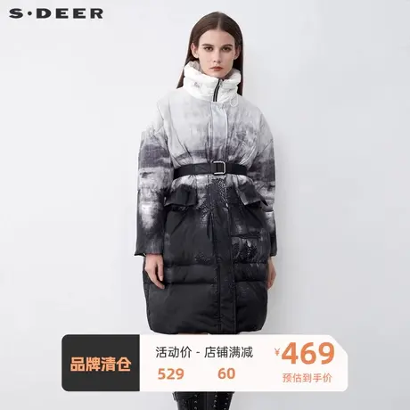 sdeer圣迪奥女装时尚高领撞色印花收腰长款羽绒服S21482433图片