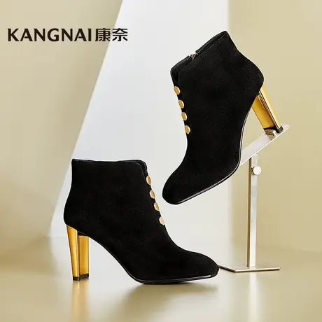 康奈官方女鞋秋冬季新款时尚高跟短靴职场OL办公室宴会真皮低靴子图片