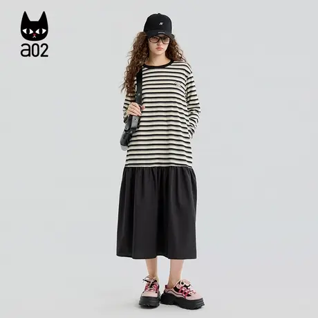 a02假两件拼接连衣裙女2025新款秋季条纹长袖T恤设计感早秋裙子图片