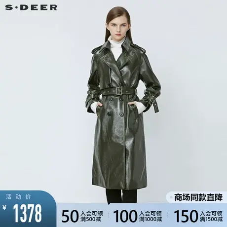 sdeer圣迪奥2021冬新品复古翻领收腰双排扣PU皮长款大衣S21481843商品大图
