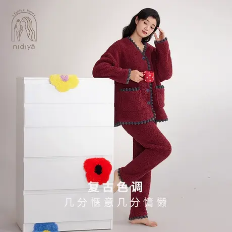 妮狄娅睡衣女冬季保暖小香风开衫绒款复古红色结婚喜庆家居服套装图片