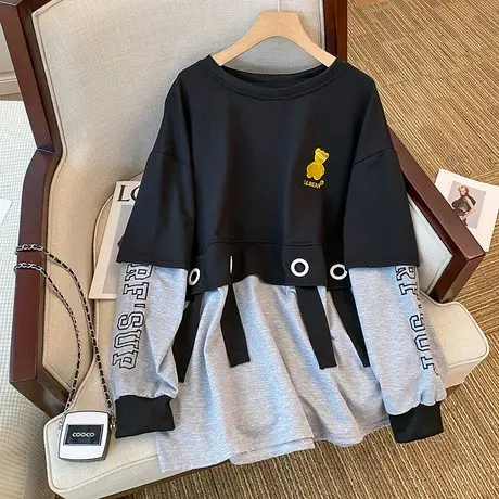 卫衣女秋冬季韩版宽松大码胖mm设计感小众ins时髦撞色上衣潮200斤商品大图