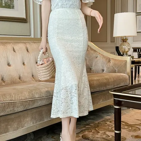 优雅气质赫本风白色半身裙女2025新款百搭修身高腰包臀蕾丝鱼尾裙图片