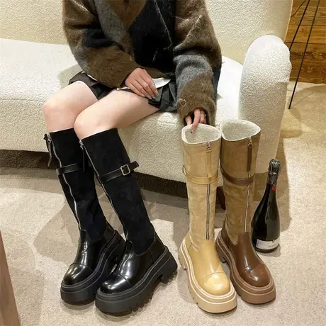 长筒鞋女2023冬季新款复古保暖高跟不过膝靴小个子厚底粗跟骑士靴图片