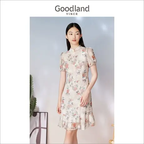 Goodland美地女装2023夏季新中式立领钉珠盘扣收腰旗袍连衣裙图片