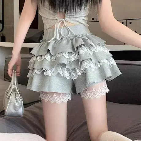 蕾丝拼接秋冬女别致短款防走光松紧腰灰色半身裙甜辣短裙显瘦春夏图片