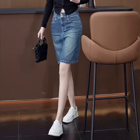 小个子复古蓝色牛仔一步裙女春秋新款韩版a字短裙百搭显瘦半身裙A图片