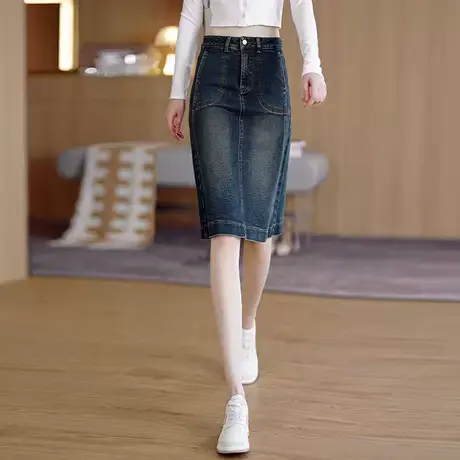 春秋新款开叉牛仔半身裙女蓝色舒适a字包臀裙高腰显瘦休闲一步裙图片