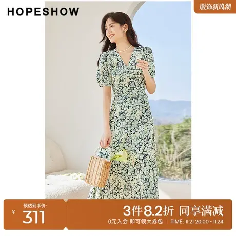 红袖outlets法式连衣裙hopeshow2023夏季新款女装高腰碎花雪纺裙图片