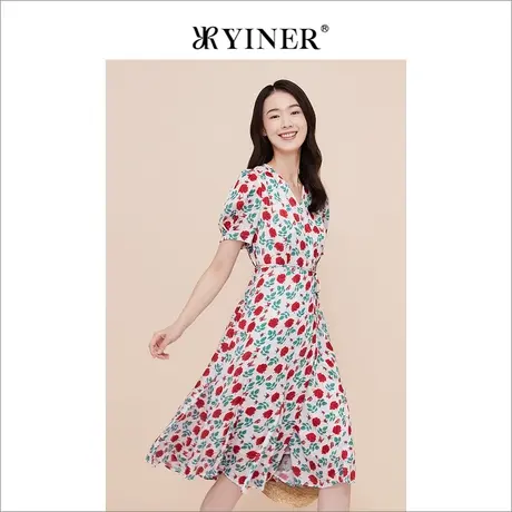 [度假风]YINER音儿线上专选女装2023夏季玫瑰印花收腰连衣裙图片
