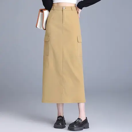 工装休闲裙半身裙女春季2024新款高腰显瘦包臀裙时尚开叉直筒裙子图片