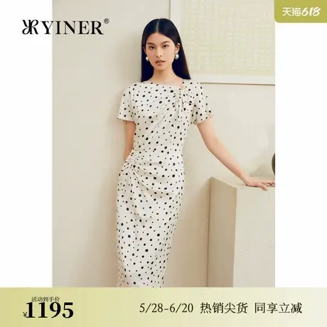 【1996系列】YINER音儿夏季桑蚕丝复古波点提花收褶收腰连衣裙图片