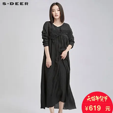 sdeer圣迪奥女装2018冬装宽松肌理质感浪漫镂空连衣裙S16481266图片