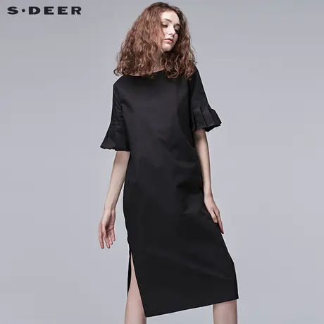 【专】sdeer圣迪奥2017夏新品纯色宽松气质蝴蝶袖连衣裙S17261201图片