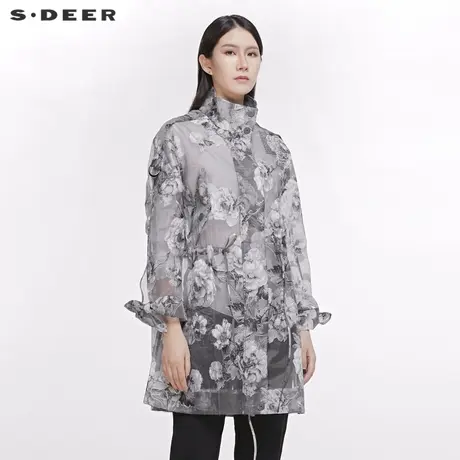 sdeer圣迪奥春秋女装印花抽绳半透明中长款风衣防晒服S20181814图片