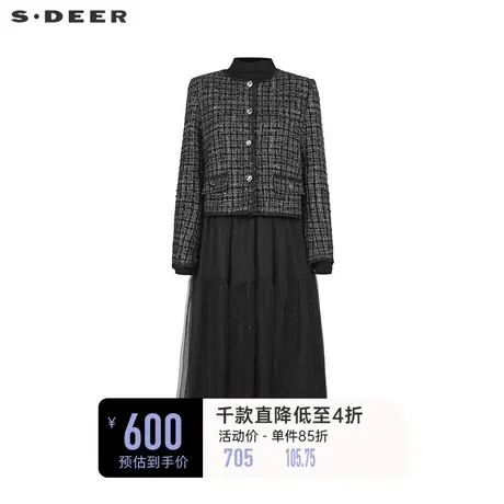 sdeer圣迪奥女装小香风格纹毛呢网纱连衣裙套装S233Z1449图片