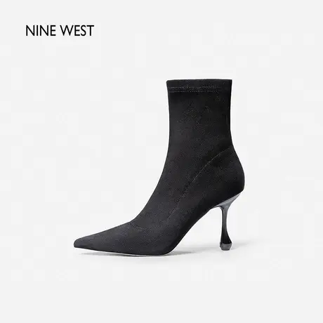 Nine West/玖熙靴子女高跟鞋2023年秋新款尖头水滴跟绒面黑色短靴图片