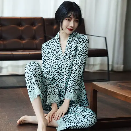 2023新款春秋睡衣女夏薄款冰丝绸长袖韩版ins风豹纹两件套家居服图片
