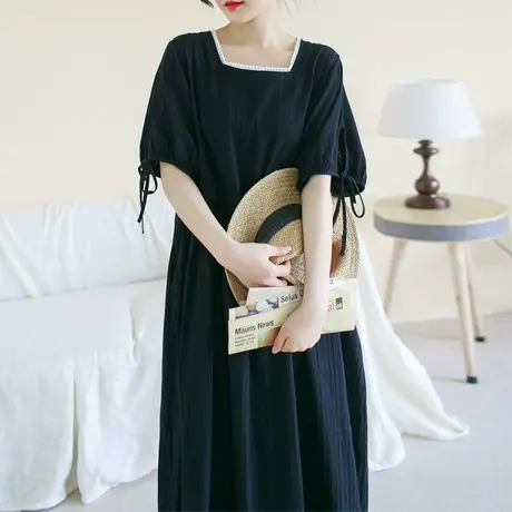 胖妹妹夏季2023新款复古气质方领花边连衣裙加大码收腰显瘦长裙图片
