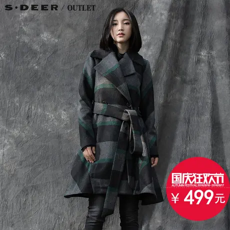 s.deer圣迪奥女装冬装毛呢大衣双排扣风衣外套S15481820图片