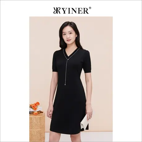 YINER音儿专选女装夏季含桑蚕丝V领金属小黑裙连衣裙图片