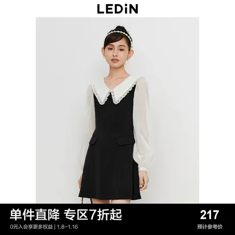 乐町V领连衣裙秋季新款黑白撞色连衣裙荷叶边尖领通勤连衣裙图片